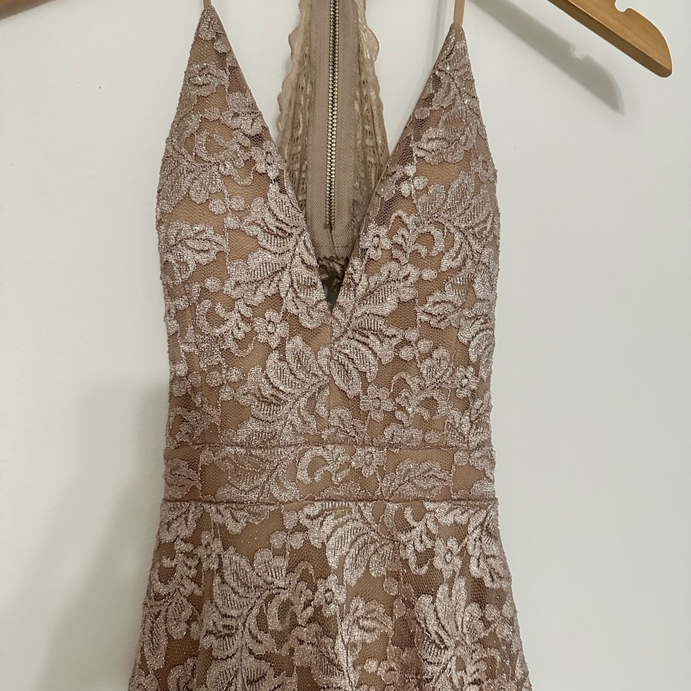 Emerald Sundae by Macy’s khaki lace shimmer mini dress with zip up back NWT - Picture 3 of 17